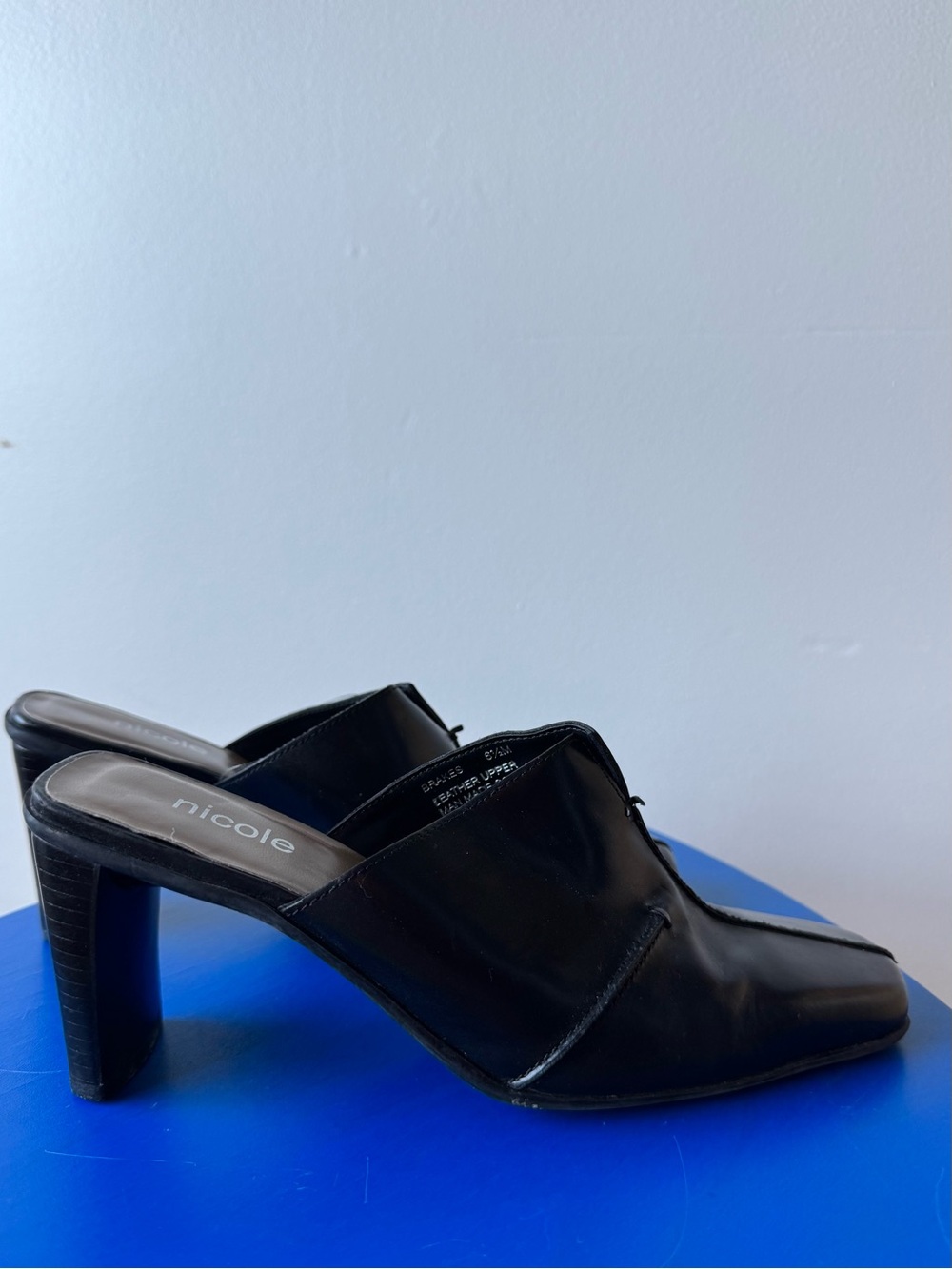 Nicole Black Leather Mule Heels